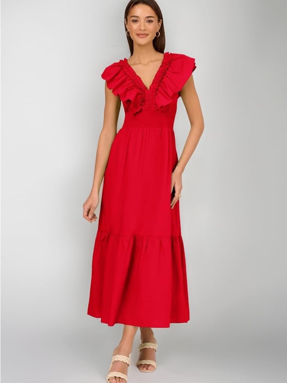Adrianna Papell Bright Red Ruffled V-Neck Maxi Dress